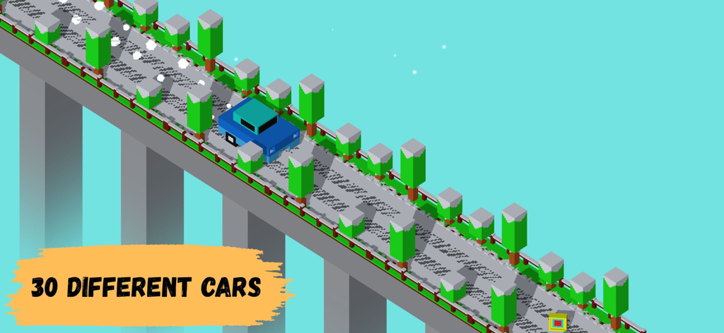 Crossy Bridge Blocky Game - Blue blocky car driving on a snowy bridge in Crossy Bridge Blocky Game