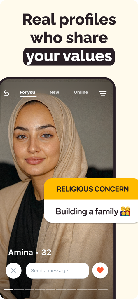 Écran de profil de l'application InshAllah montrant une femme voilée avec un badge de préoccupation religieuse concernant la construction d'une famille.