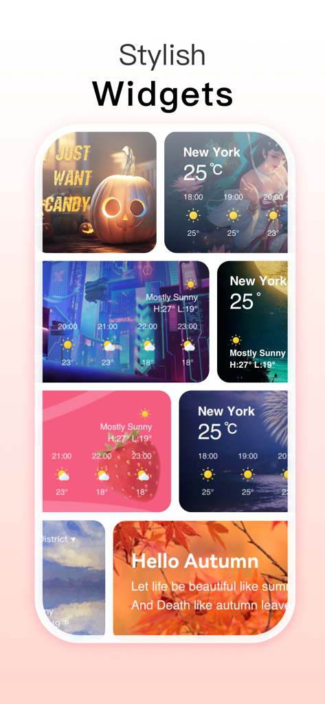 Themee - Widgets Icon Themes - Uma exibição de widgets estéticos para iPhone incluindo previsões do tempo e temas sazonais como Halloween e Outono