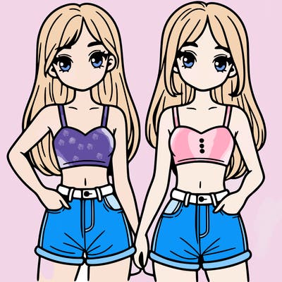 two sisters with crop tops and jean shorts and straight hair