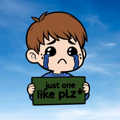 realistic crying boy with a sign saying just one like plz