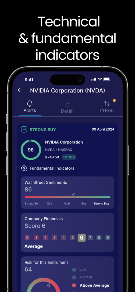 Interface do aplicativo móvel Stock Alert AI mostrando indicadores técnicos e fundamentais para ações da NVIDIA com uma forte classificação de compra.