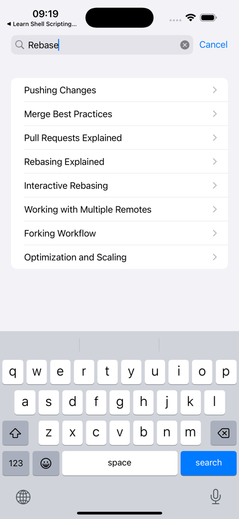 Search interface of the Learn Git app showing tutorial results for the command Rebase