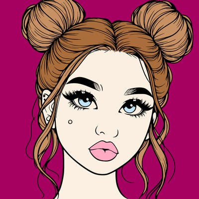 realistic girl with two buns on her hair and lips