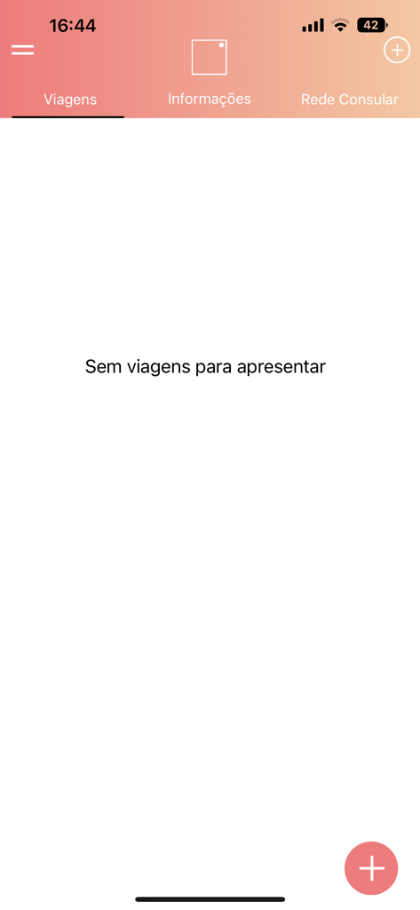Screenshot of the trips tab in the Registo Viajante app with no travels registered.