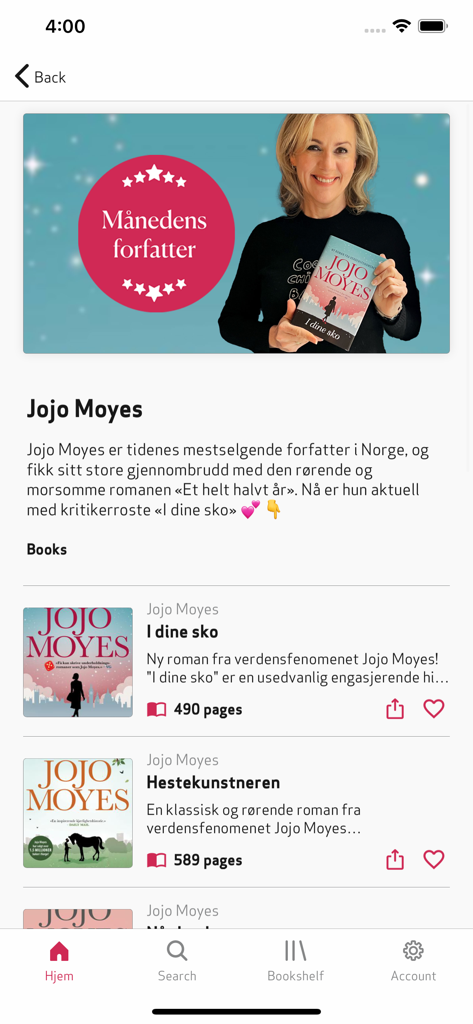 EBOK.NO - EBOK.NO mobile app showing the author profile page for Jojo Moyes with a list of her books and biography in Norwegian
