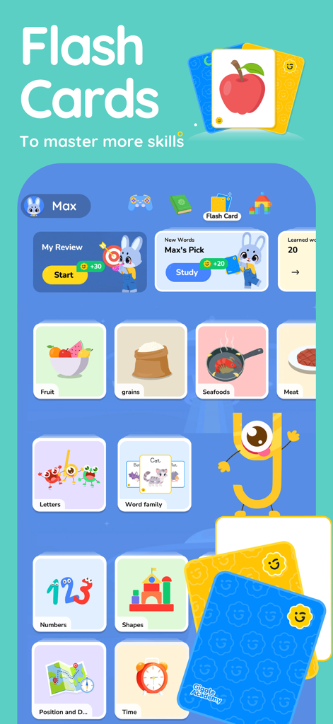 Giggle Academy - Play & Learn - Panel de tarjetas didácticas educativas en la aplicación Giggle Academy con categorías de frutas, letras, números y formas.