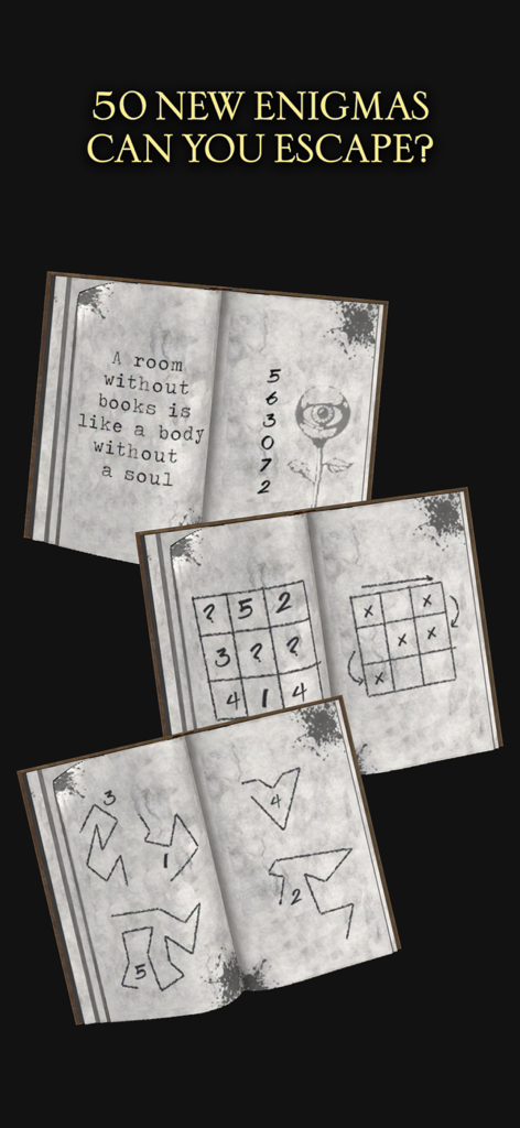 The Da Vinci Cryptex 2 - Tres libros abiertos con varios puzzles de lógica y acertijos escritos a mano del juego The Da Vinci Cryptex 2