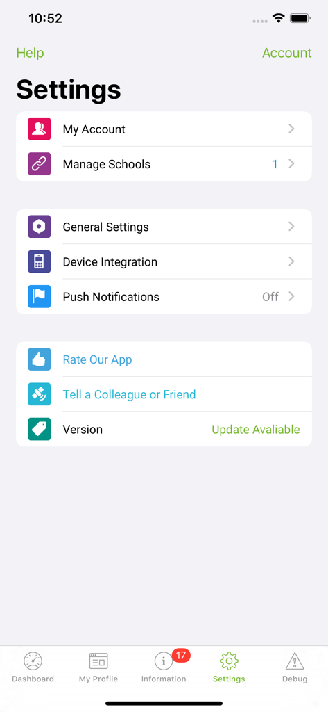 iStudent App - iStudent 앱의 설정 화면으로 계정 옵션, 학교 관리, 알림 기본 설정을 표시합니다.