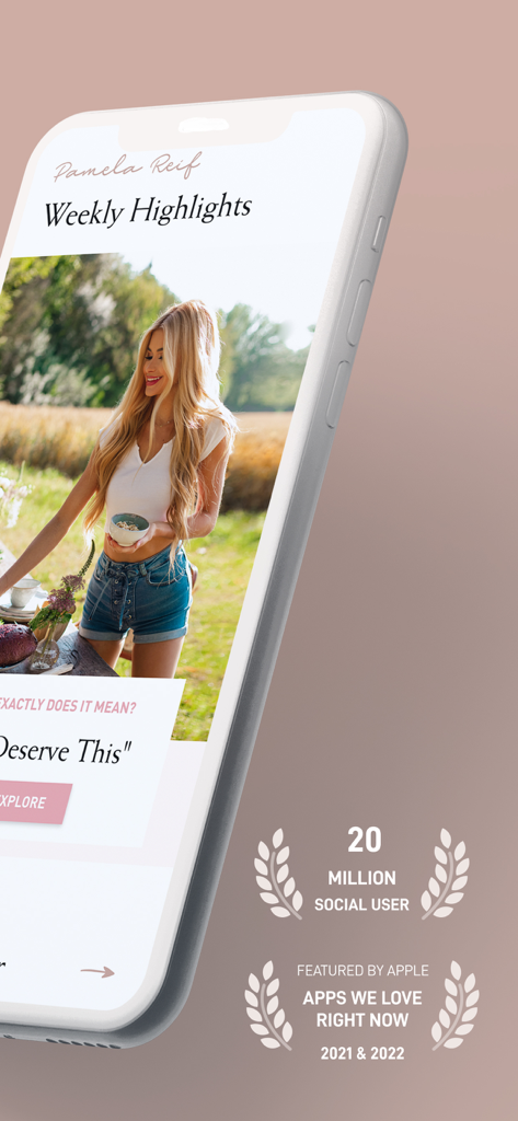 A smartphone displaying the Pam Fitness and Food app weekly highlights screen with Pamela Reif and featured app awards