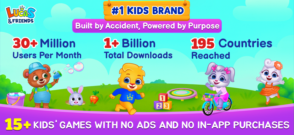 Promotional banner showing Lucas and Friends app statistics with over 1 billion downloads and 15 plus ad-free kids games.