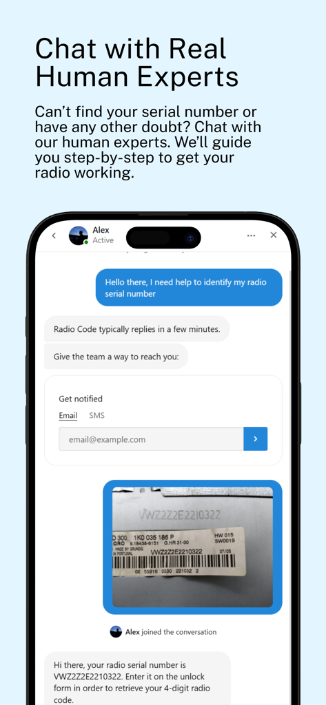 Radio Codes - German Cars - In-app live chat where a human expert identifies a car radio serial number for a user