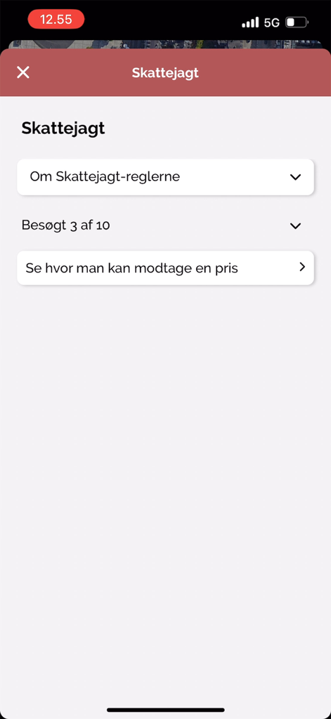 Copenhagen Light Festival app treasure hunt interface showing progress and rules.