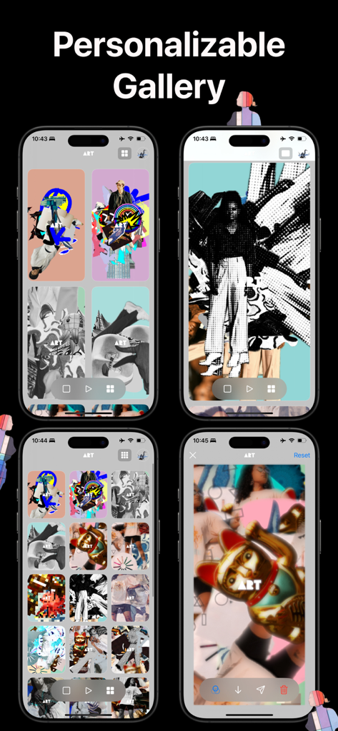 Capturas de tela do aplicativo Create ART mostrando uma galeria personalizável com grades coloridas de arte gerada por IA