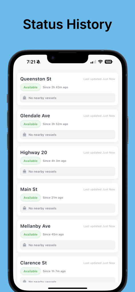 A mobile app screen showing the real-time status history and availability of several Welland Canal bridges