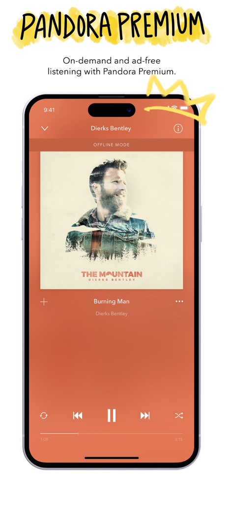 Pandora app interface for Premium users showing offline mode feature