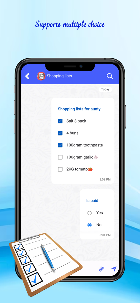 Open notes and reminder - Una lista de compras con casillas de verificación y una sección de opción múltiple en una aplicación de notas estilo chat