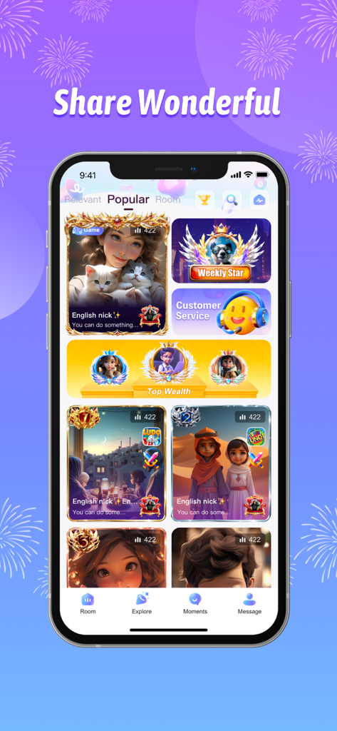 TopVoice - Group Voice Chat - Interfaz de la aplicación TopVoice que muestra salas populares de chat de voz grupal y funciones de juegos sociales.