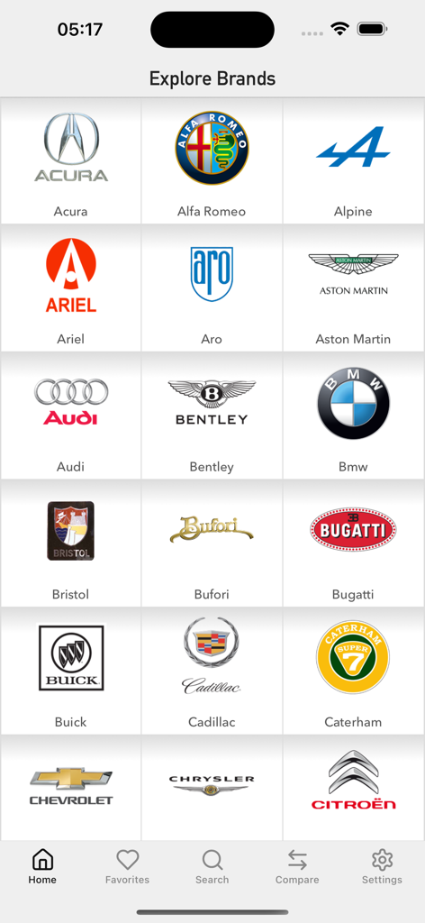 Explore Brands screen with car manufacturer logos in the Car Specs Pro app