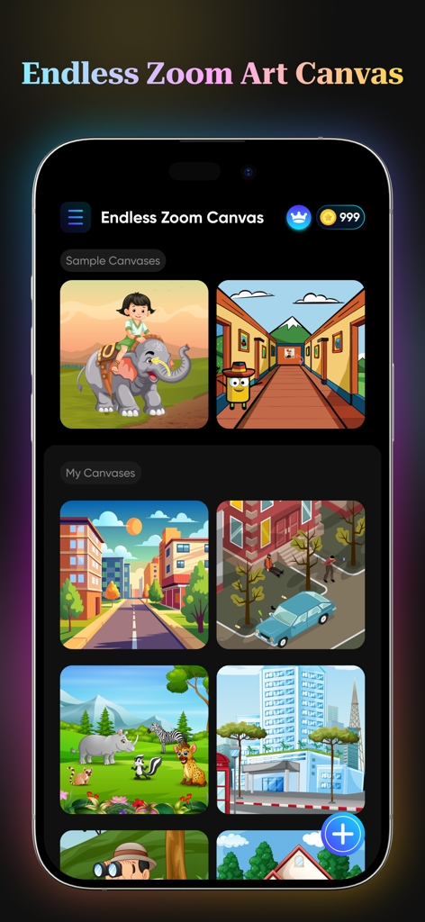A smartphone screen displaying the interface of the Endless Zoom Canvas app with a selection of sample artistic canvases and a section for user creations.
