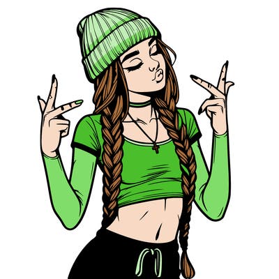 realistic teenage girl with braids and a beanie and crop top doing 🫶🏼