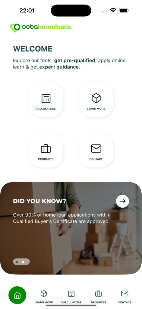 ooba home loan app - Welcome screen of the ooba home loan app featuring icons for calculators and learning resources