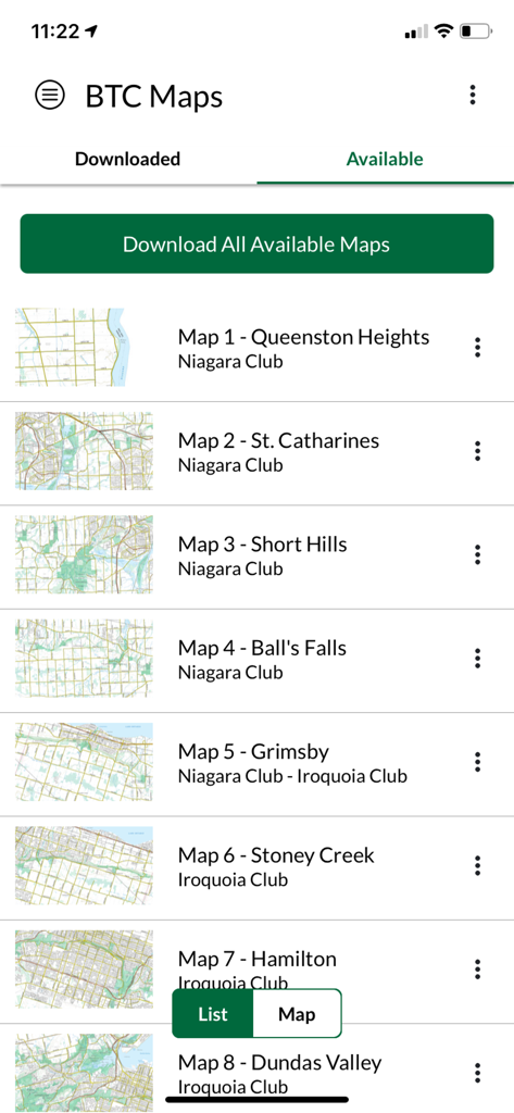 List of available maps for download in the Bruce Trail app