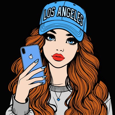 realistic beautiful girl wearing los ángeles cap holding an iphone