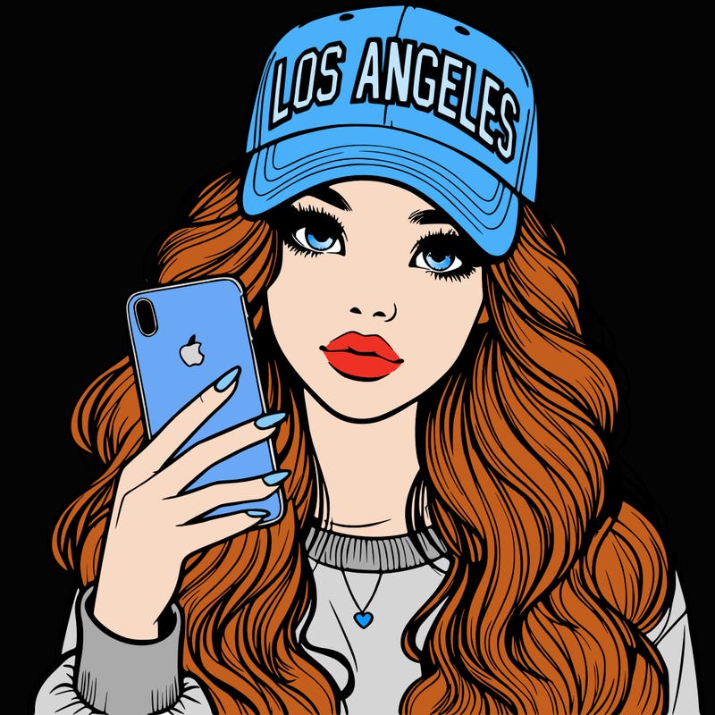 realistic beautiful girl wearing los ángeles cap holding an iphone