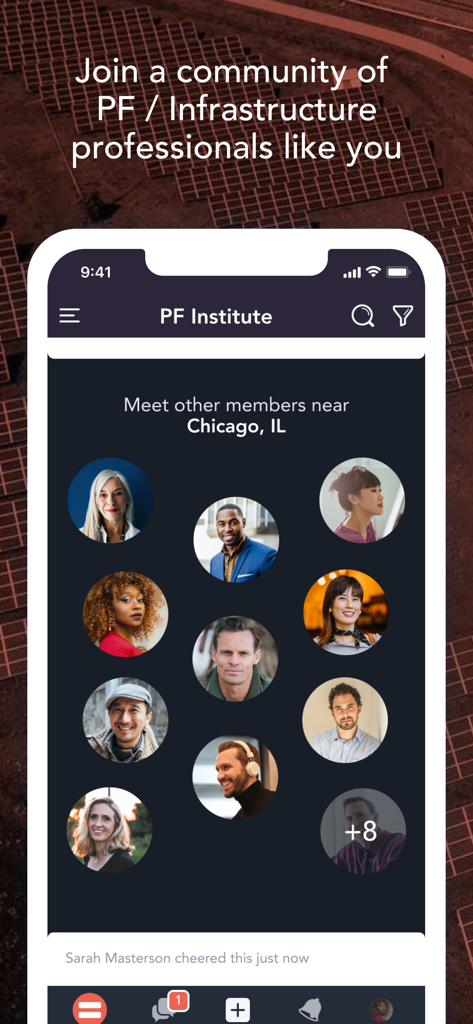 Project Finance Institute app displaying a professional networking community for infrastructure specialists near Chicago