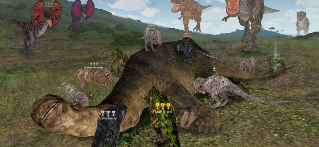 A group of player controlled dinosaurs hunting together in a 3D environment.