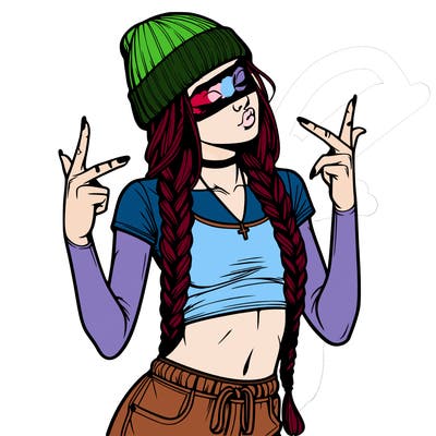 realistic teenage girl with braids and a beanie and crop top doing 🫶🏼