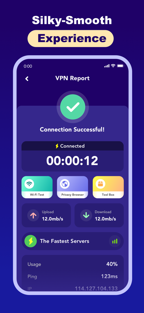 Linkup Speed - VPN Tool - Linkup Speed VPN app interface showing a successful connection report with upload and download speeds