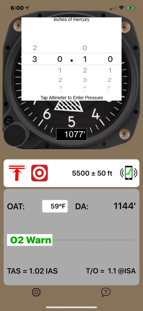 avAltimeter app screen showing barometric pressure settings and density altitude data
