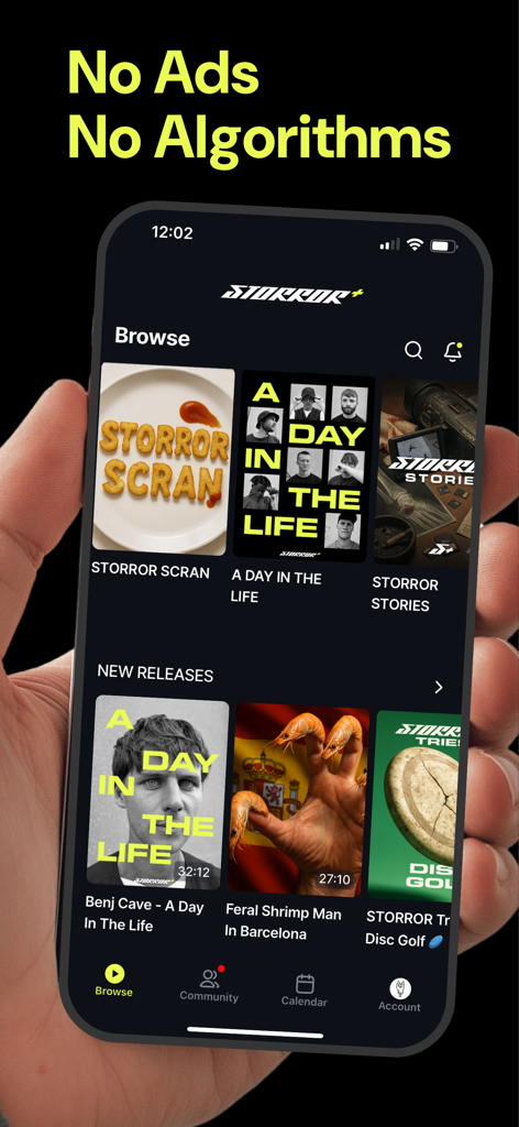 Storror ScranやA Day In The Lifeなどの限定動画カテゴリを展示するSTORROR+アプリのブラウズ画面。