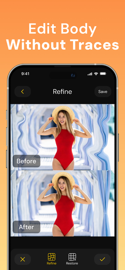 Body Face Tune: Photo - Before and after comparison of natural body editing on a smartphone app