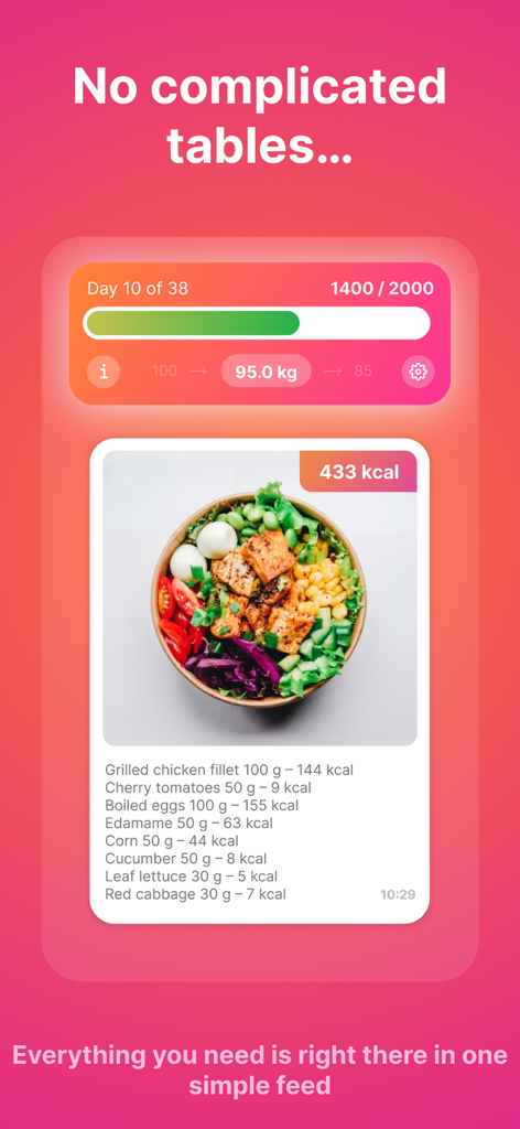 KalorieScan: Calorie Counter - Interfaz de KalorieScan que muestra una foto de una ensalada con un desglose detallado de calorías y progreso diario