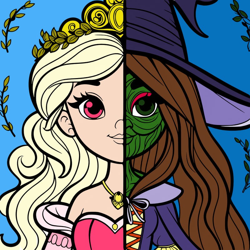 detailed realistic split of a princess and a witch