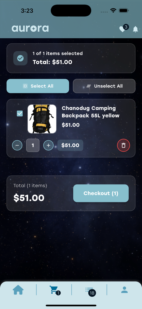 Aurora Store - Página del carrito de compras de la aplicación Aurora Store con una mochila de campamento y opción de pago