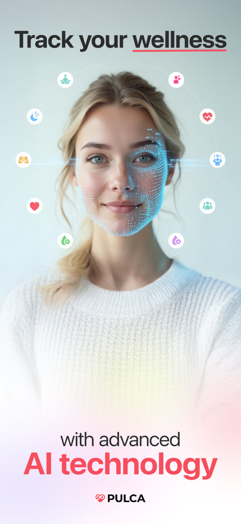 Heart Rate, HRV Tracker: Pulca - A woman using the Pulca app to track her wellness using advanced AI face scanning technology