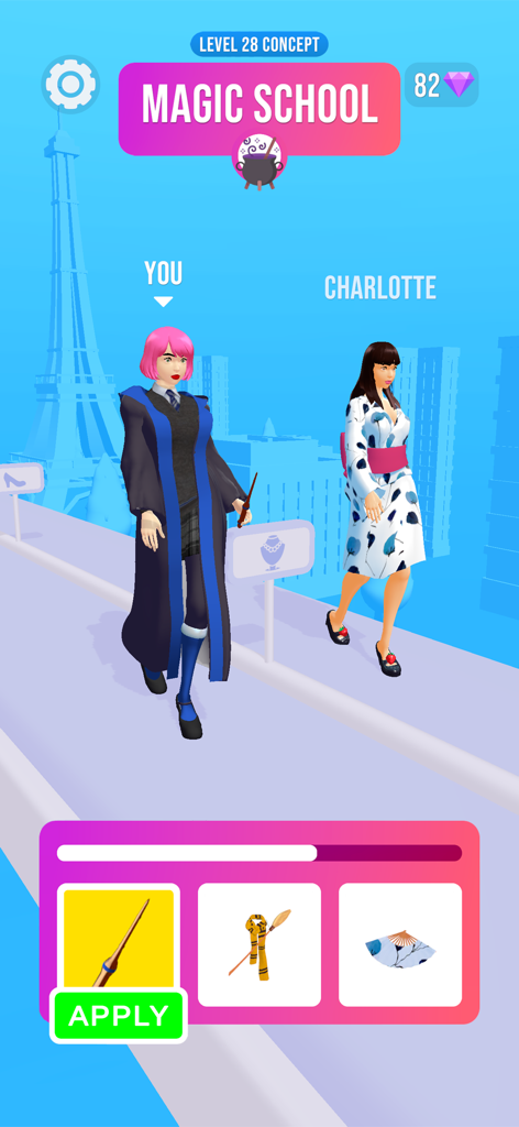 Fashion Queen: Dress Up Game - 마법 학교 테마와 마법사 의상을 입은 두 캐릭터 간의 패션 배틀