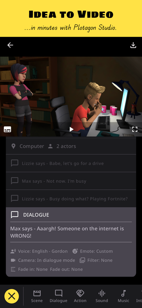 Plotagon Studio - A preview of the Plotagon Studio app interface showing a 3D scene and dialogue script options.