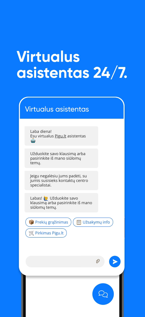 Pigu.lt - mobilioji parduotuvė - Pigu lt mobile app virtual assistant chat window showing 24-7 customer support options