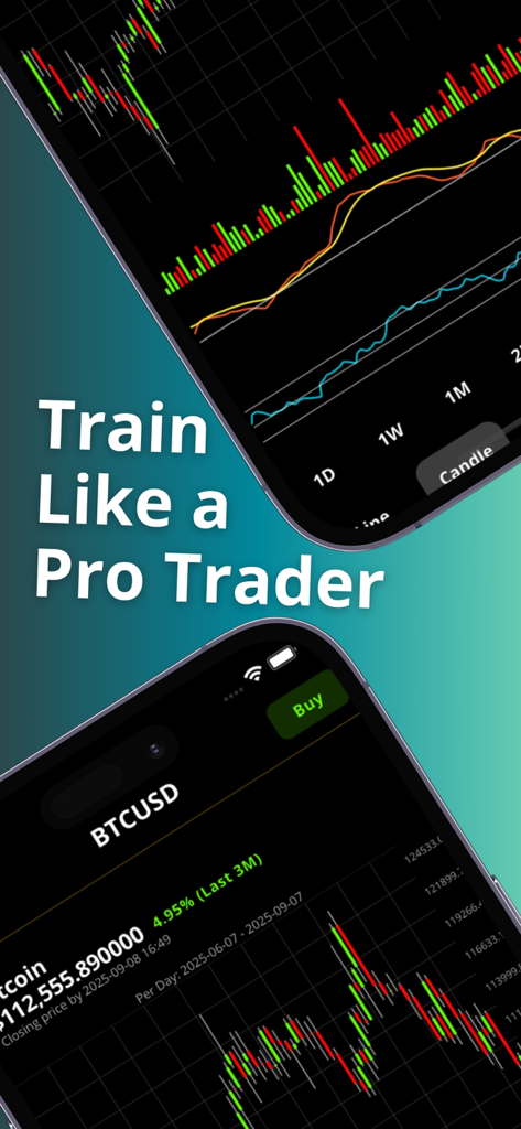 Crypto Trading AI : CPreds - A crypto trading simulator app interface showing Bitcoin price charts and technical indicators with text saying Train Like a Pro Trader