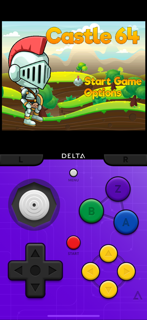 Delta emulator app interface showing a purple N64 controller skin and a retro knight game called Castle 64