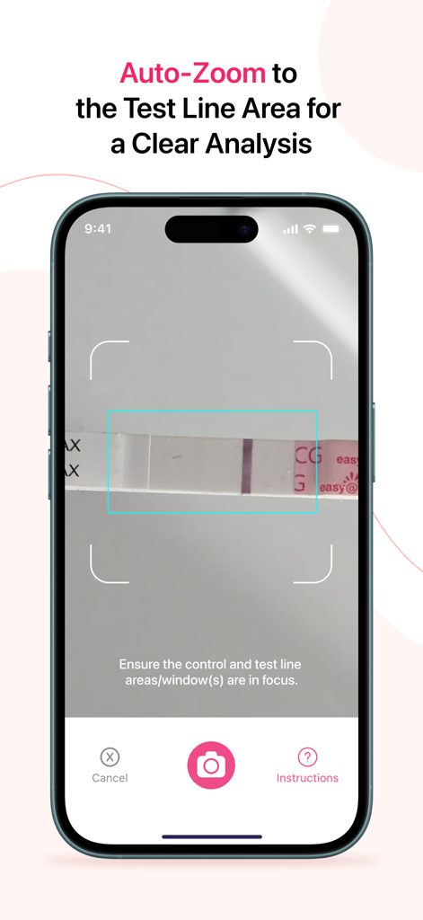 Pregnancy Test Checker - A mobile app interface using auto-zoom to focus on a pregnancy test strip for clear line analysis.