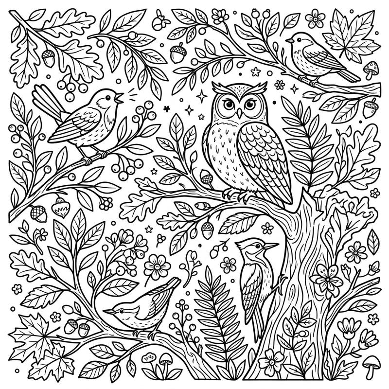 Immerse yourself in the tranquility of nature with this beautiful forest birds coloring page. Designed with large print and clear outlines, it offers a delightful and accessible creative experience for seniors.