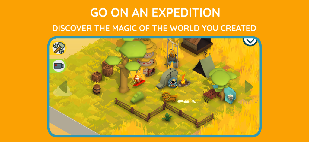 Pango safari builder for kids - Un campamento de safari colorido creado en la aplicación con animales, una tienda de campaña y una fogata