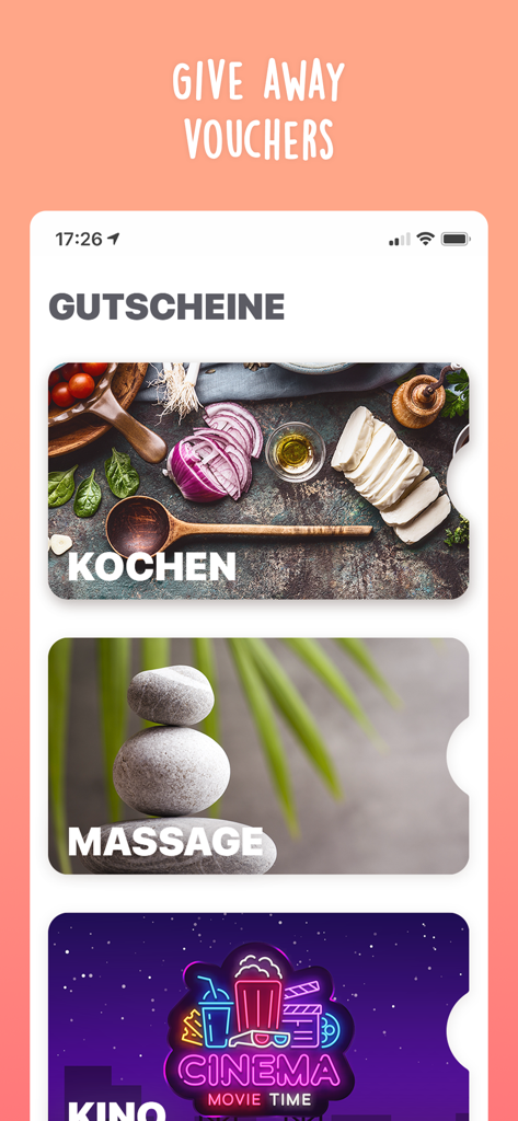 Happy Love - The couple app - A screen from the Happy Love app showing personalized digital vouchers for couples including cooking, massage, and movie night options.