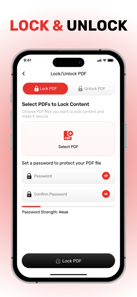 PDF ドキュメントをロックするためのパスワード保護設定が表示された AI PDF Editor アプリのインターフェイス。
